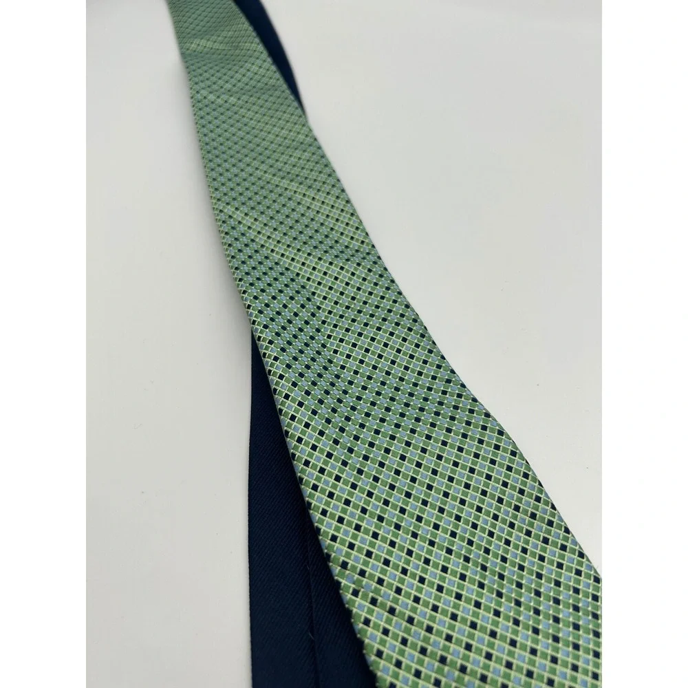 Tommy Hilfiger Mens Green Blue Micro Check Geometric 100% Silk Necktie Tie - Picture 2 of 6